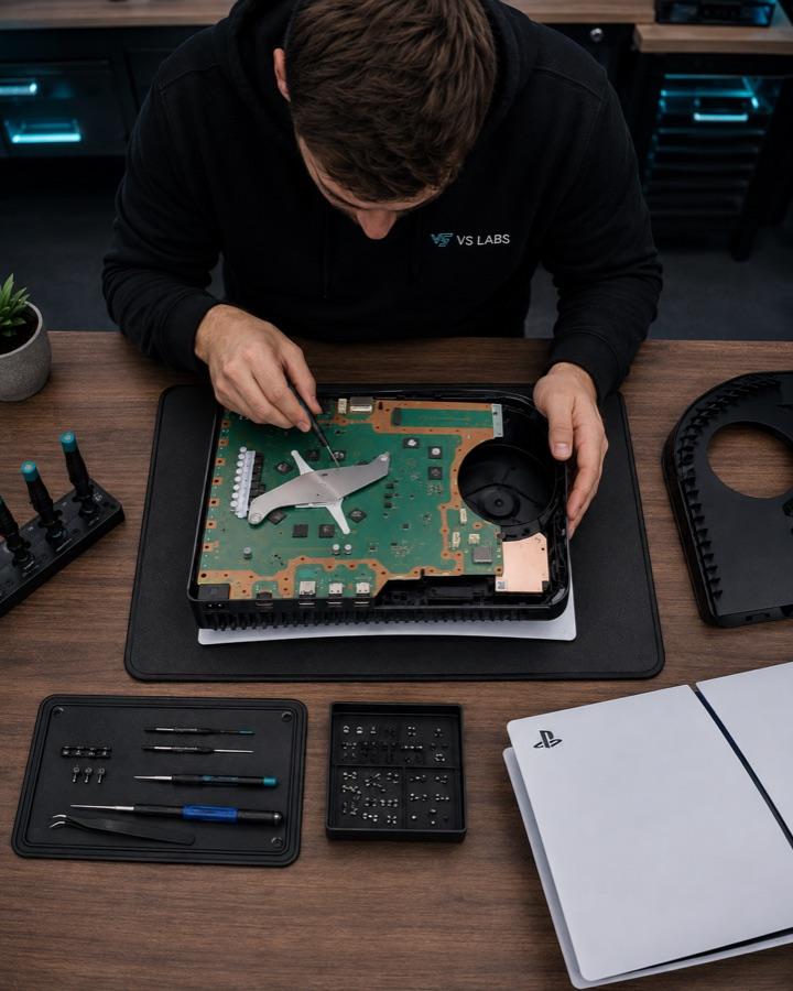 VS Labs technician working on an open PS5 mainboard at the bench