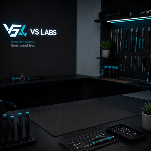 The VS Labs workshop bench, tools racked and diagnostic station ready